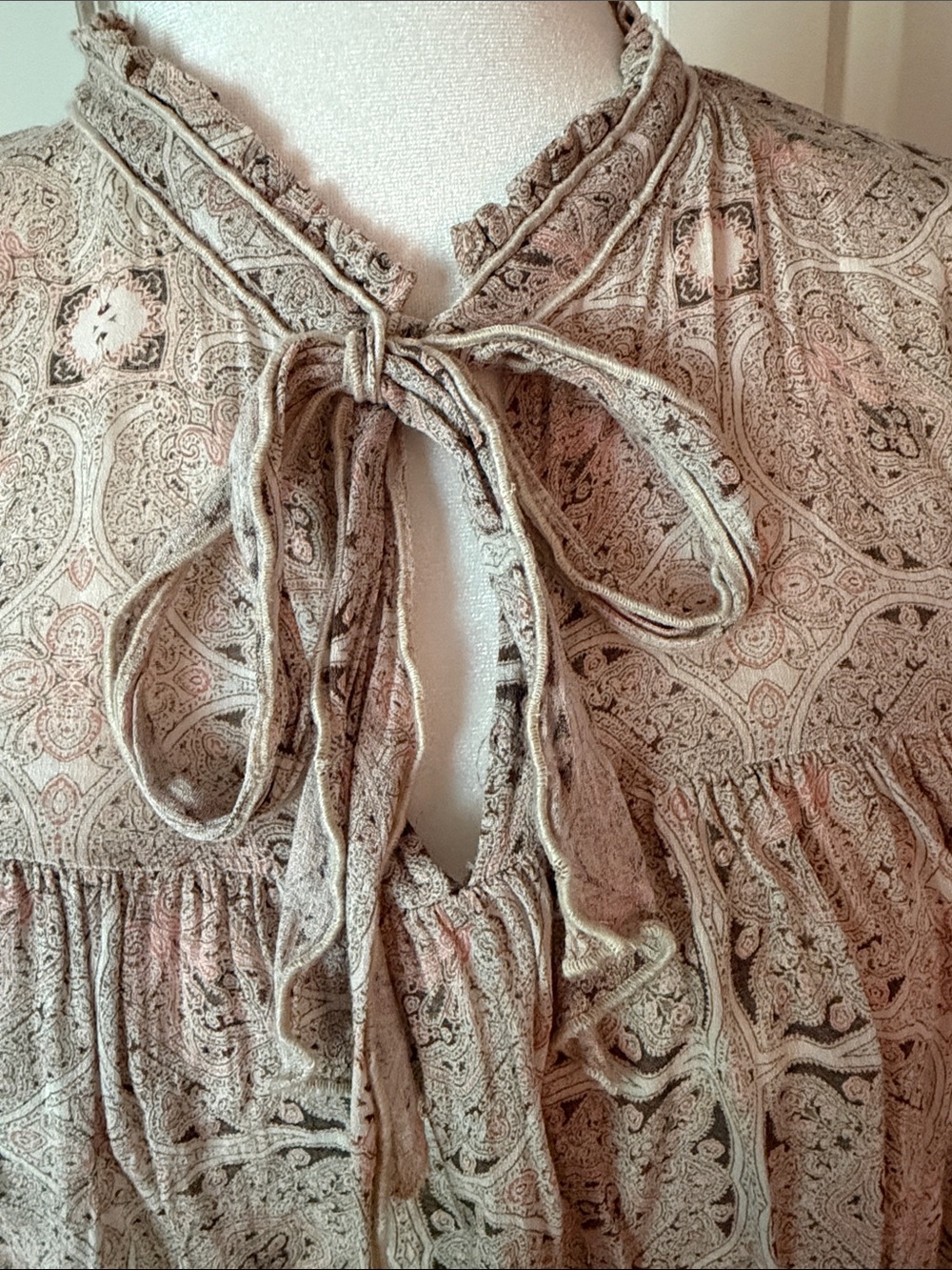 Lucky Brand Taupe Paisley Tie-Neck Blouse - Picture 2 of 5